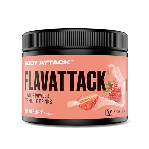 Body Attack Flavattack Strawberry, 250 g - nur 7 kcal/Portion - Intensives Flavour Pulver für Müsli, Rice Pudding, Haferflocken, Drinks etc. - Geschmackspulver ohne Palmöl, Aspartam, Gluten