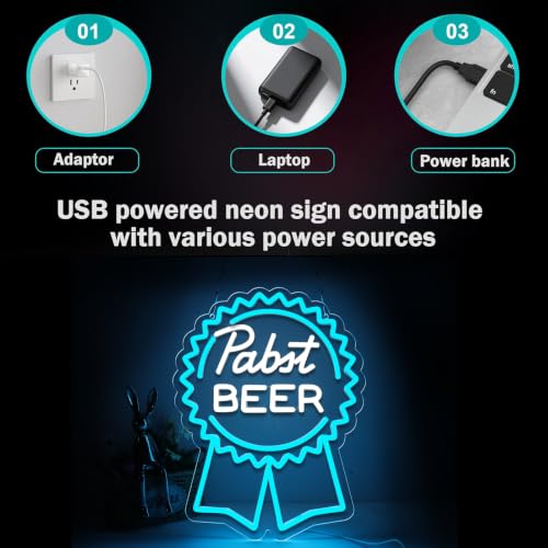 Image of AHlove Pabst Beer Neon Signs for Wall Decor,LED Neon Lights Suitable for Man Cave Bar Pub Restaurant Christmas Gift Art 5V Power Adapter, 12 * 15Inch(sky blue+white)