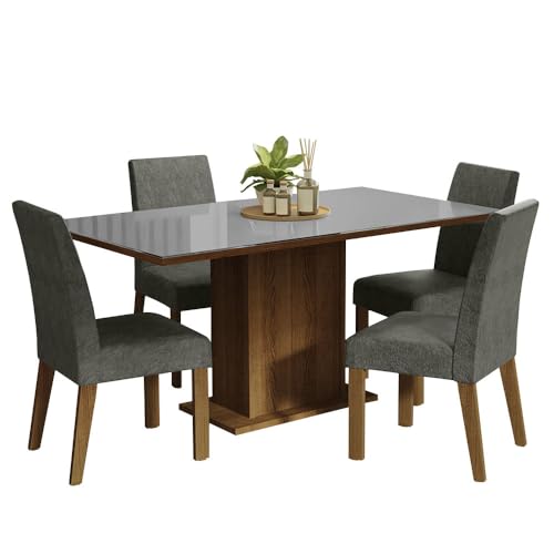 Image of Madesa 4 Seater Dining Set Rectangular Glass Table Top Sturdy Wooden with Fully Cushioned Seats 160 Cm for Dining Room and Kitchen - Brown /Gray