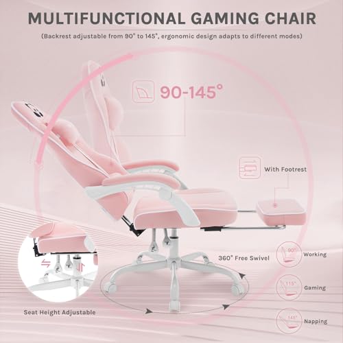 Sedia Gaming, Ampia Sedia da Ufficio Ergonomica Imbottita con Cuscino a Molla, Alta Capacità di Carico, Poltrona per Computer con Schienale Alto e Poggiapiedi, Tessuto a rete, Rosa, GS16rs - Sedia gaming - Immagine 6
