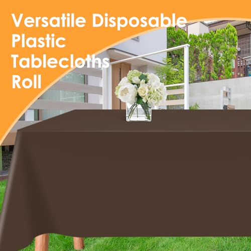 Image of tujol Brown Disposable Plastic Table Cloth Roll 54 inch X 100', Plastic Table Cover with Cutter Box, Cut to Size Disposable Tablecloth for Parties