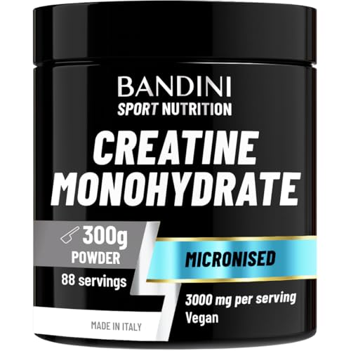 Bandini® Creatine Monohydrate Powder 300g (88 x 3g Servings), Pure, Micronised for Easy Mixing & Consumption, Improve Pre Workout, Physical Performance and Recovery, Muscle Power & Strength, Non-GMO