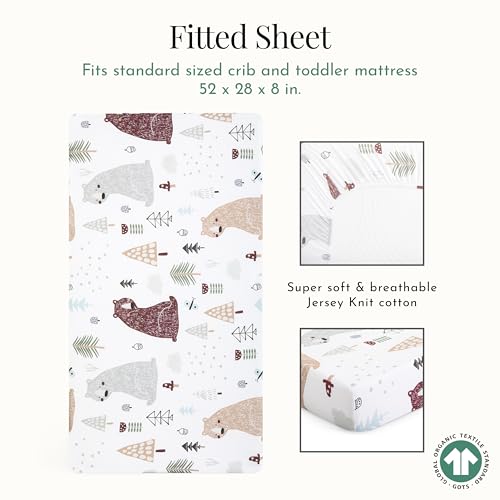 Image of Evolur Grizzly Bear 3 Piece Crib Bedding Set, Machine Washable, Soft and Breathable Toddler Bedding Set, Includes Fitted Sheet, Wearable Blanket and Crib Skirt