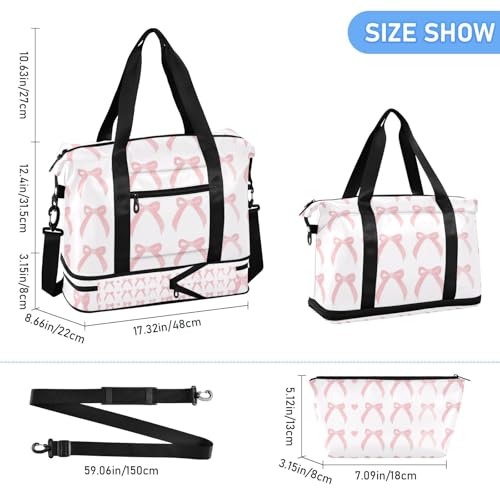 Cute Bows Gym Bag for Women Sport Travel Duffel Bag Shoulder Weekender Overnight Bags with Wet Pocket & Shoe Compartment3