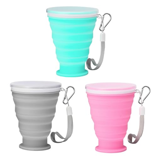 JJZGPP 3 tazas de viaje plegables, tazas de silicona plegables con tapas, tazas de silicona retráctiles portátiles, reutilizables, adecuadas para picnic, camping, senderismo al aire libre