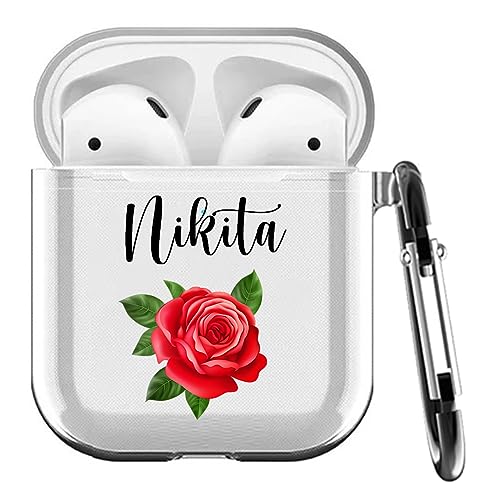 Image of MITZVAH Custom Name Personalised Airpod 2 Case for Airpods 1st and Airpod 2nd Generation Case Cover, Customized Airpods 2 Transparent case with Keychain (Red Rose-Name)