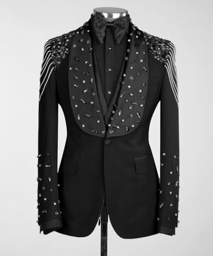 3 Piece Men's Tuxedo Suits Luxury Rhinestone Shawl Lapel Blazers Slim Jacket Vest Pants Sets for Wedding,Prom,Party3