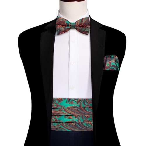 Image of Barry.Wang Men Silk Paisley Cummerbund and Pre-tied Bowtie Handkerchief Cufflink Set for Tuxedo