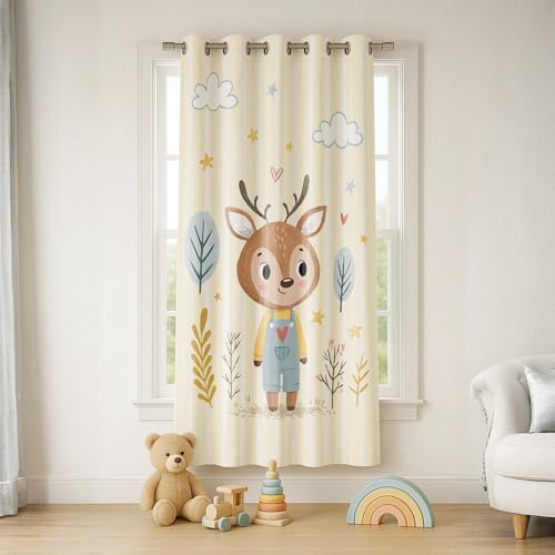 Image of STITCHNEST Velvet Kids Curtains Pack of 1 | Cartoon Deer & Forest Print | Semi Blackout Curtains for Nursery, Baby & Toddler Room | 7 Feet