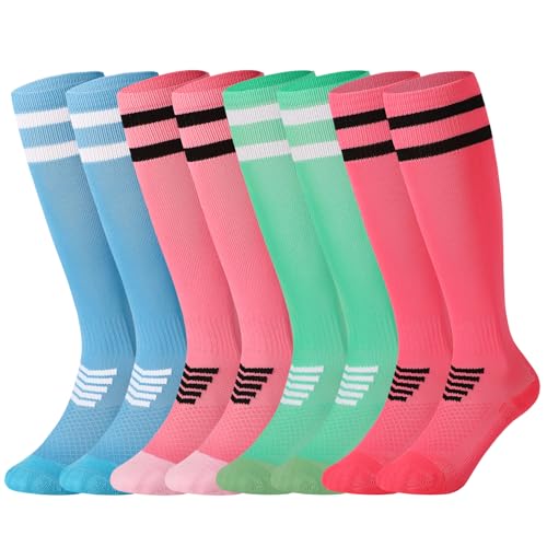 Zuimei 4 Pairs Kids Football Socks, Boys Football Socks Kids Breathable Soccer Socks Knee High Sock for Boys Running Training, Aged 4-8(Pink+Rose Red+Blue+Green)
