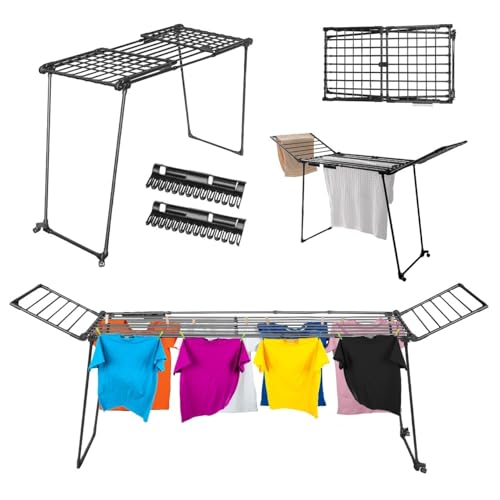KADAX Wäscheständer ausziehbar, 257x60x99cm, Standtrockner mit großer Trockenfläche, klappbarer Wäschetrockner, ausziehbarer Flügelwäscheständer (Schwarz)