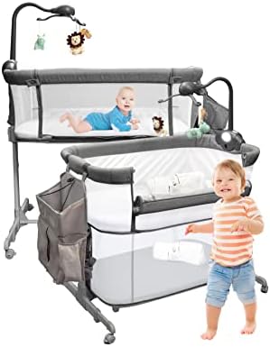 OPTIMISK 4in1 Bedside Bassinet Sleeper for Baby Girl or boy, Portable Bassinet, Baby Crib, Playpen, 4 Bassinet Mattress Sheets, All Mesh, and usable up to 12 Months