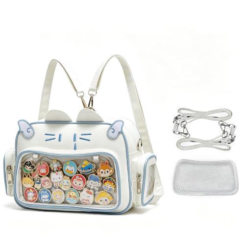 Lifelix Cat Ita Bag Backpack with Clear Window, Kawaii Pin Display Crossbody Bag, Y2K Anime Purse for Pins (White)