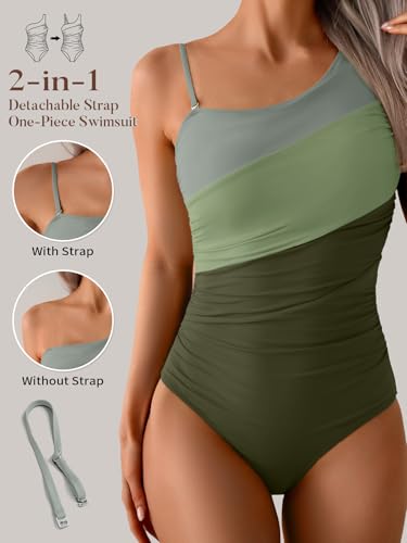 Image of Aidonger One Shoulder One Piece Swimsuit for Women Tummy Control Bathing Suits Color Block Ruched Swim Suit Slimming Swimwear