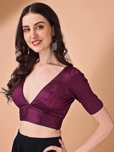 Image of Womanista Women's Dupion Silk Half Sleeve Solid V Neck Readymade Saree Blouse Stylish
