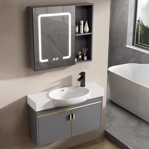 YUGXTH Lavabo sobre Encimera, Tocador Suspendido, Lavabo de Baño de Esquina, Lavabo de Cerámica con Lavabo de Cerámica y Gabinete de Espejo LED Antivaho, para Lavandería de Cocina(85cm/33.4in)