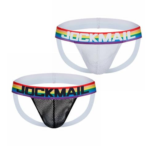 JOCKMAIL Men's Jockstrap Rainbow Mesh Sexy Thongs Underwear for Male Low Rise G String 2PCS