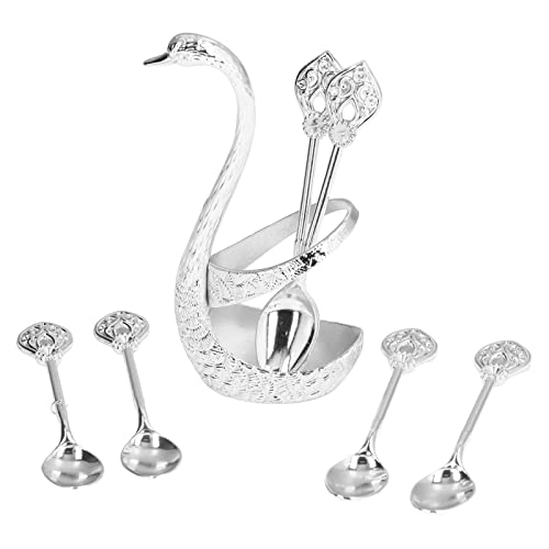 Leopacat Dessert Spoons,Coffee Spoon Set,Stainless Steel Swan Base Holder Organizer Dinnerware Set Mini Dessert Teaspoons Creative Espresso Flatware with 6 Spoons for Home Bar Decorative Tableware