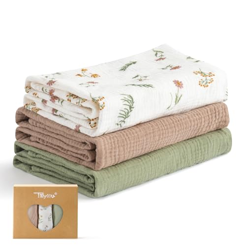 Image of TILLYOU 3 Pack Muslin Swaddles for Newborns Baby Blankets for Girls Boys Cotton Swaddle Blankets 40"x40", Daisy