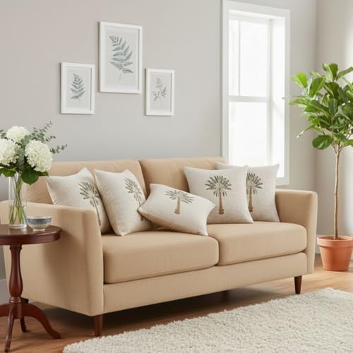Image of Palm Tree Cotton Jute Cushion Cover Set, Decorative Sofa Throw Pillow Cover 40x40 cm or 16x16 Inch Covers, Beige (5 Cushion Cover)