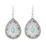 Boho Handmade Vintage Turquoise Earrings for Women Dangling Silver Boho Earrings Colorful Inlaid Stones Geometric Engraved Flower Pattern Round Long Tassel Drop Earring Western Jewelry Gifts