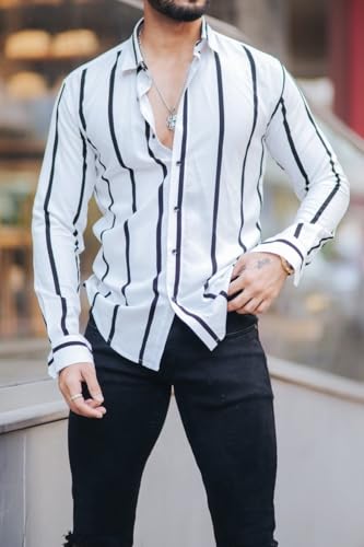 Image of MiraMichi Men's Striped Slim Fit Lycra Shirt | Full Sleeve Stretchable Shirt | Trendy Black and White Vertical Stripes for Casual