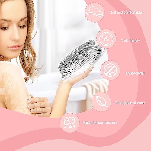 Silicone Body Scrubber, Exfoliating Silicone Loofah, Soft Silicone Body Shower, 2 in 1 Bath and Shampoo Brush, Body Scrubber Shower Cleaning for Sensitive Skin, Lather Well 2 PCS Grey and Pink - Thumbnail 4