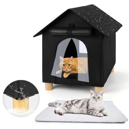 FHTONGE Elevated Outdoor Cat House with Washable Mat, Weatherproof Feral Cat Shelter with 2 Exits, Collaspable Insulated Cat Kennel Outside Cat Hut for Strays Wild Small Animal Rabbit Pup All Weather