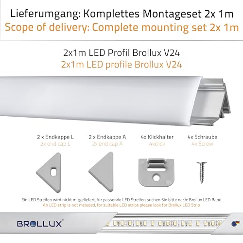 Brollux LED Eckprofil V24, Set 2m (2x1m) LED Alu Profile 45 Grad Ecke Aluminium für LEDs Strip Lichtleiste ohne Leuchtmittel