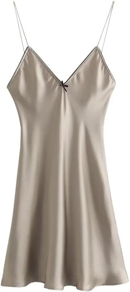 Women Lace Trim Satin Slip Dress Spaghetti Strap V Neck Ladies A-Line Party Mini Dresses