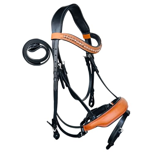 AHS us Black Leather Dressage Bridle with Copper Shade Stones on Browband (Natural Leather