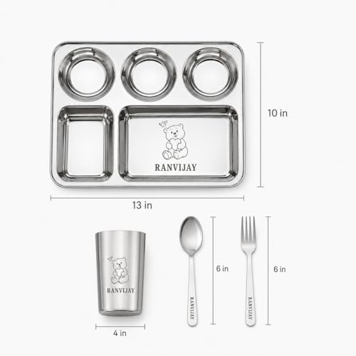 Image of Savri Personalized Printed Stainless Steel Five Compartment Rectangular Dinner /Pav Bhaji Plate With Spoon & Fork With Name & Design Engraved.Best For Return Gift, Schools (5 Compartments)