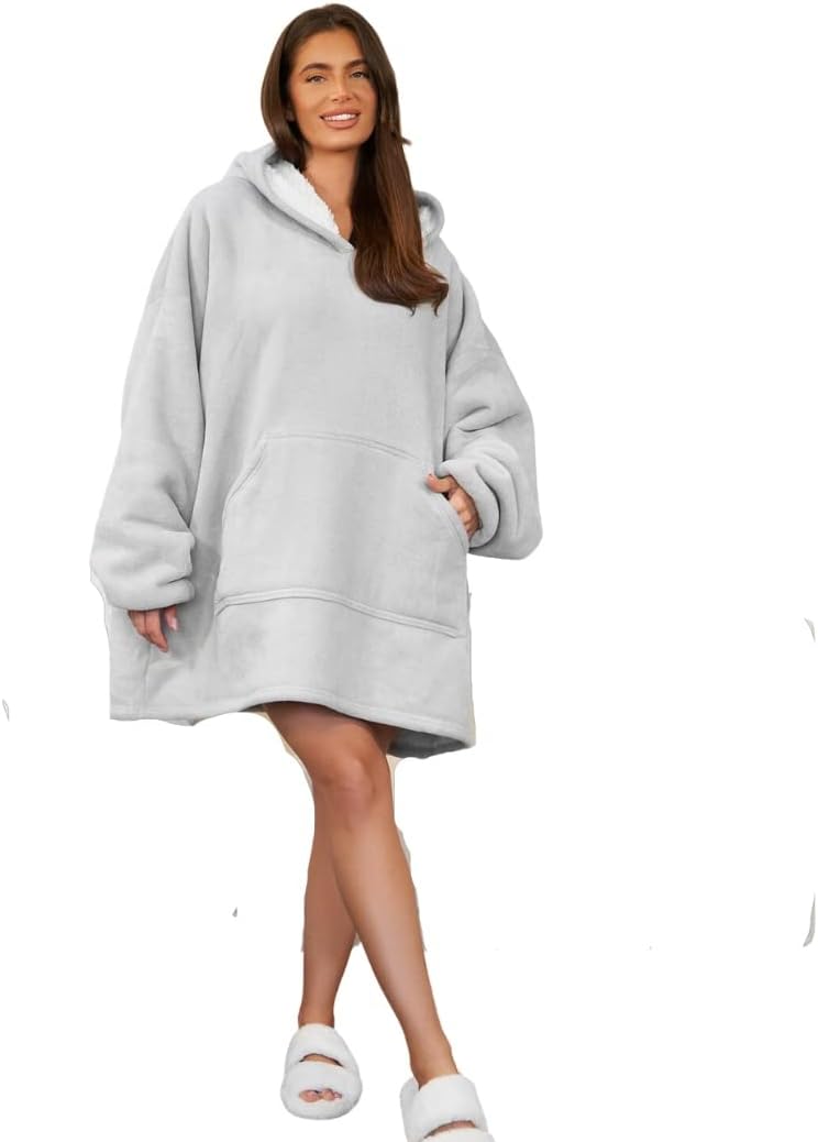 Blanket Hoodie, Mothers Day Gifts Super Soft Sherpa Fleece Warm Cosy Oversized Hoodie Women Wearable Blanket Snoodie Hooded Sweatshirt for Adults Men Teens Kids Big Pocket, Silver Grey