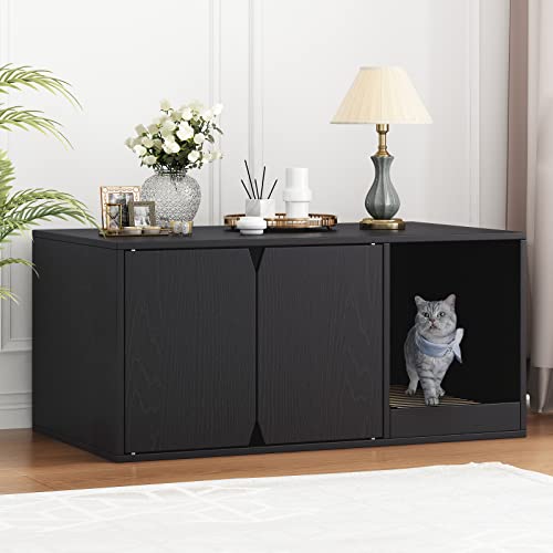 Dawnspaces Cat Litter Box Enclosure Cabinet,Modern Wood Large Stackable Cat Washroom Storage Cabinet Bench Nightstand End Table Furniture,With Removable Litter Catch Box, Black #TOP3