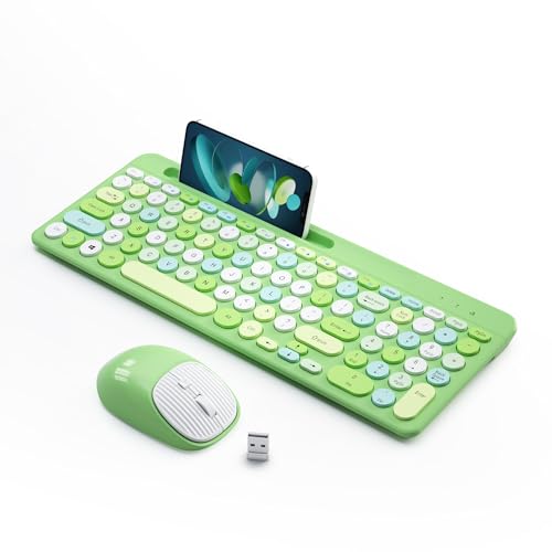 Image of Retro Wireless Keyboard and Mouse Combo, Full-Size USB Keyboard with Round Keycaps, 2.4GHz Wireless for Desktop, Laptop and Computer (Green-Colorful)