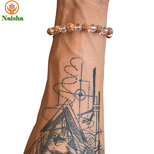 Naisha Rudraksha & Crystal Sphatik Beads Bracelet & 108 Beads Knotted Mala Natural Himalaya 5 face Rudraksh Seed, Rosary Crystal, Wrist Mala Wrap, Bracelet Bead Size 7 mm (Pack of 2)2