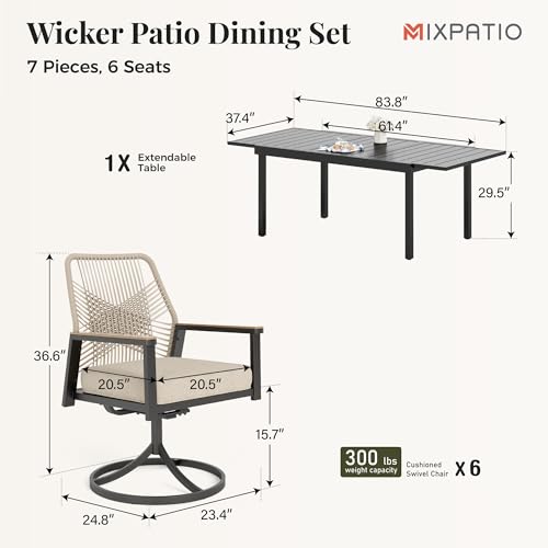 Image of MIXPATIO Swivel Patio Dining Set, Extendable Metal Table, 6 Rattan Chairs