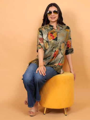Image of FIMS - Fashion is my style Rayon Abstract Printed Short Kurti for Women, Tunics Tops, Ethnic Wear for Office, Flared, Mandarin Collar V Neck, Roll-Up Sleeves, Summer Wear, Ideal Gift for Girls