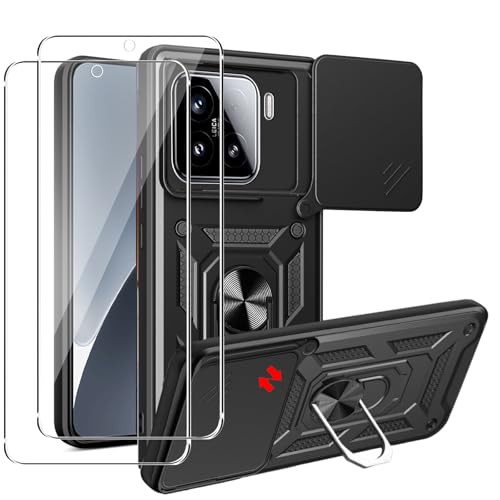#ColaboraciónPagada<br>Funda para Xiaomi 15 + 2 Piezas Cristal Templado Armor Carcasa Militar Antiarañazos con 360° Soporte de Anillo Antigolpes Carcasa con Cubierta de Cámara Deslizante Negro