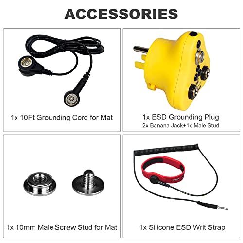 4 In 1, Koomall Ground Kit- Anti Static Wrist Strap, Esd Plug, Screw Stud & 10Ft Grounding Cord With 2 Banana Jacks For Antistatic Bench Table Floor Mat, Ground By Outlet Socket Silicone Wristband #TOP2