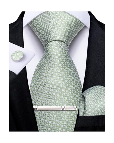 DiBanGu Juego de corbatas para hombre, de seda, a rayas, pañuelo, gemelos, corbata, corbata, gemelos, corbata formal, negocios, boda, Verde salvia a cuadros, M
