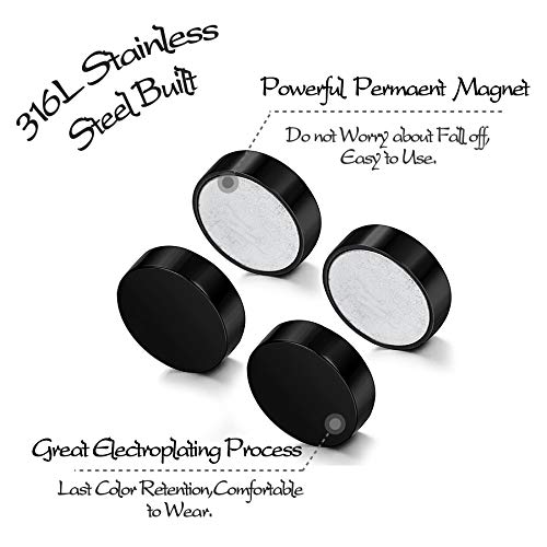 LOLIAS 4 Pairs 6-12mm Black Stainless Steel Magnetic Fake Gauges Earring Studs for Men Women Non Pierced Earrings2