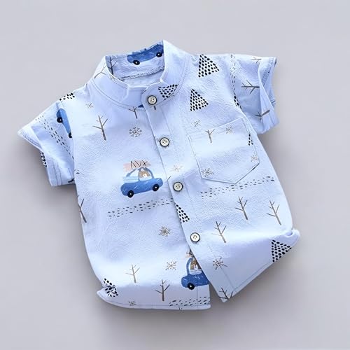 Image of Boys Short Sleeve Button Down Shirts, Plaid and Striped Pattern, Cotton Casual Tops, Pack of 2