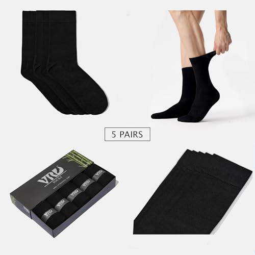 VRD Bamboo Mens Dress Socks for Men, 5-Pack, Black Crew Length Mid-Calf Socks, Mens Shoe Size 8-132