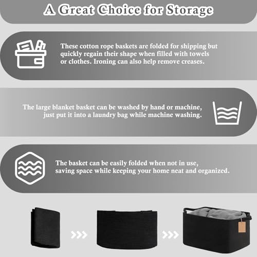 Image of Goodpick 75L Extra Large Woven Rope Blanket Basket, Rectangle, Black | 22 inch x 17 inch x 12 inch Decorative Storage Basket for Pillows, Toys & Clothes, Fits Bedroom & Nursery Organization, Writable Label