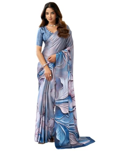 Image of Satrani Women's Satin Digital Printed Saree with Unstitched Blouse Piece
