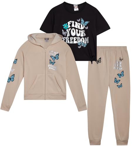 ELLA IN PINK Girls Pants Set - 3 Piece Soft Fleece Girls Zip Up Hoodie, Graphic Tee & Jogger Sweatpants Outfit (Sizes 7-16), Size 14-16, Khaki/Black