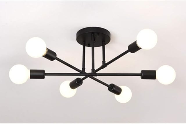 Nordic Metal Retro Chandelier, Semi-Flush Mount Industrial Ceiling Light, for Living Room, Bedroom, Dining Room, Kitchen, Restaurant E27 Socket,black,6 lights