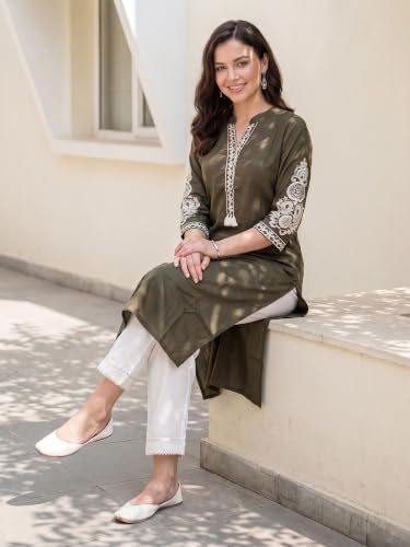 Image of INDO ERA Women's Cotton Straight Fit Floral Embroidered Kurta (KT0GN9776)