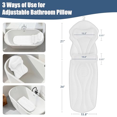 Full Body Bath Pillows for Tub Luxury Bathtub Pillow Cushion for Head,Shoulder,Back&Lumbar Support Thick Tub Pillow for Bathtub for Women Soft 5D Air Mesh Mat 12 Non-Slip Power Suction Cups (White)